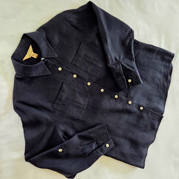 Vintage Investments Petites Gold Label 100% Hemp Black Button Down Shirt 14P - Picture 1 of 9